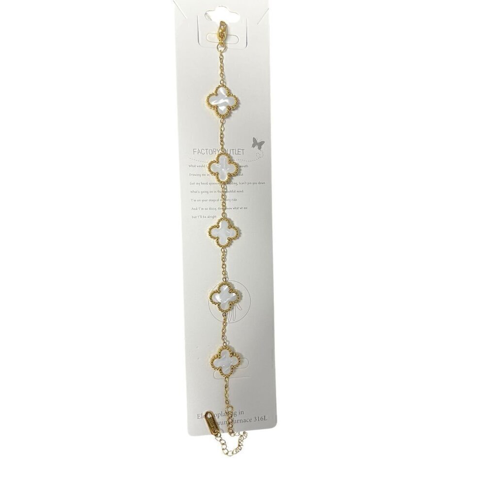 Gold Plated Bracelet With White Clover Charms & Adjustable Chain
